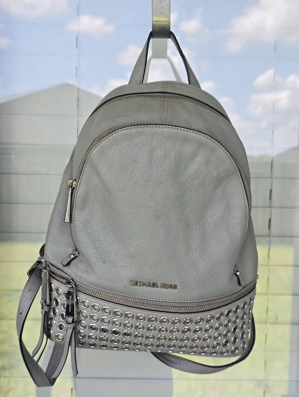 Michael Kors Gray Leather Grommet Studded Backpack Silver Hardware